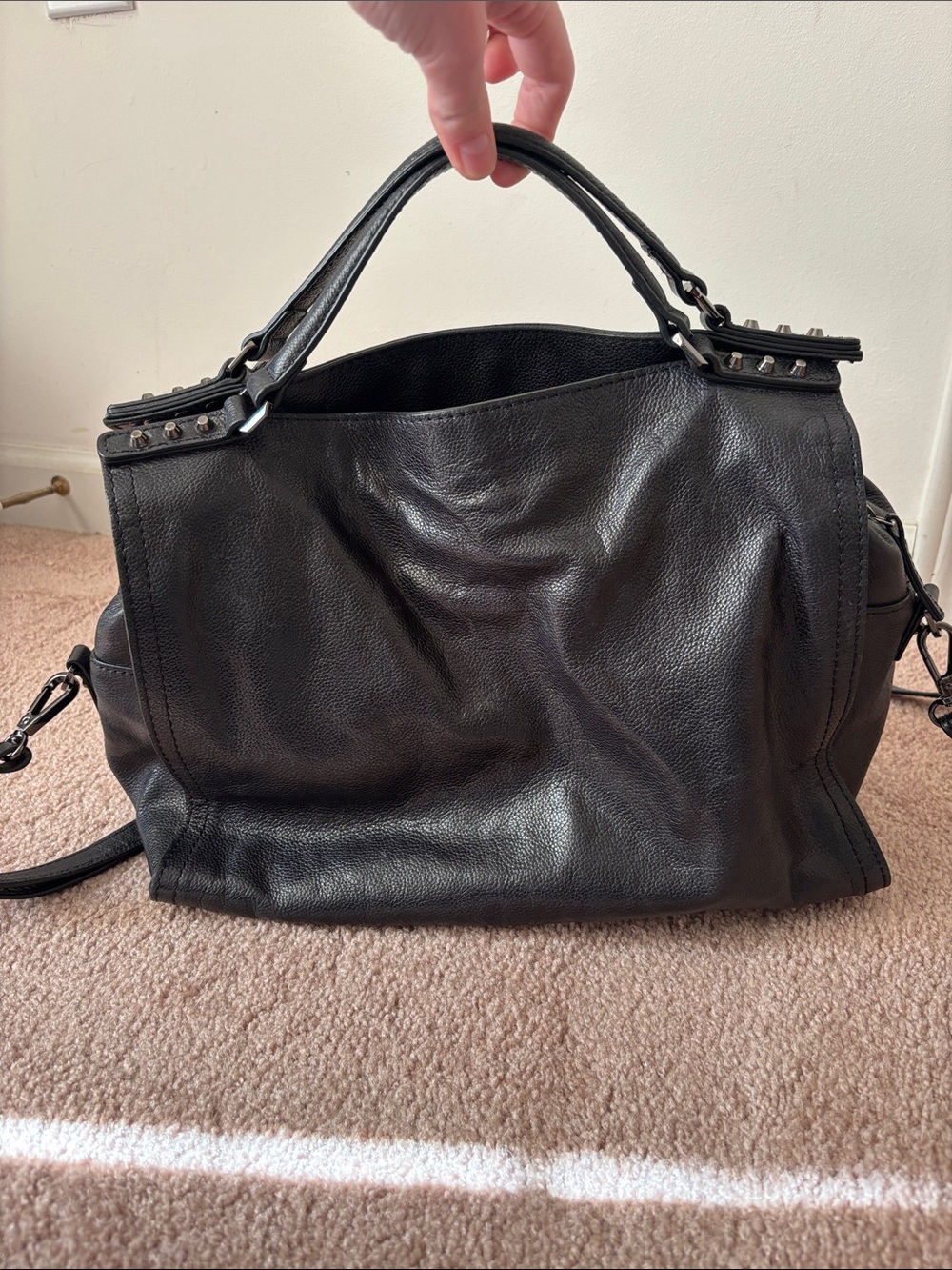 Black Leather Stud-Accent Satchel Bag